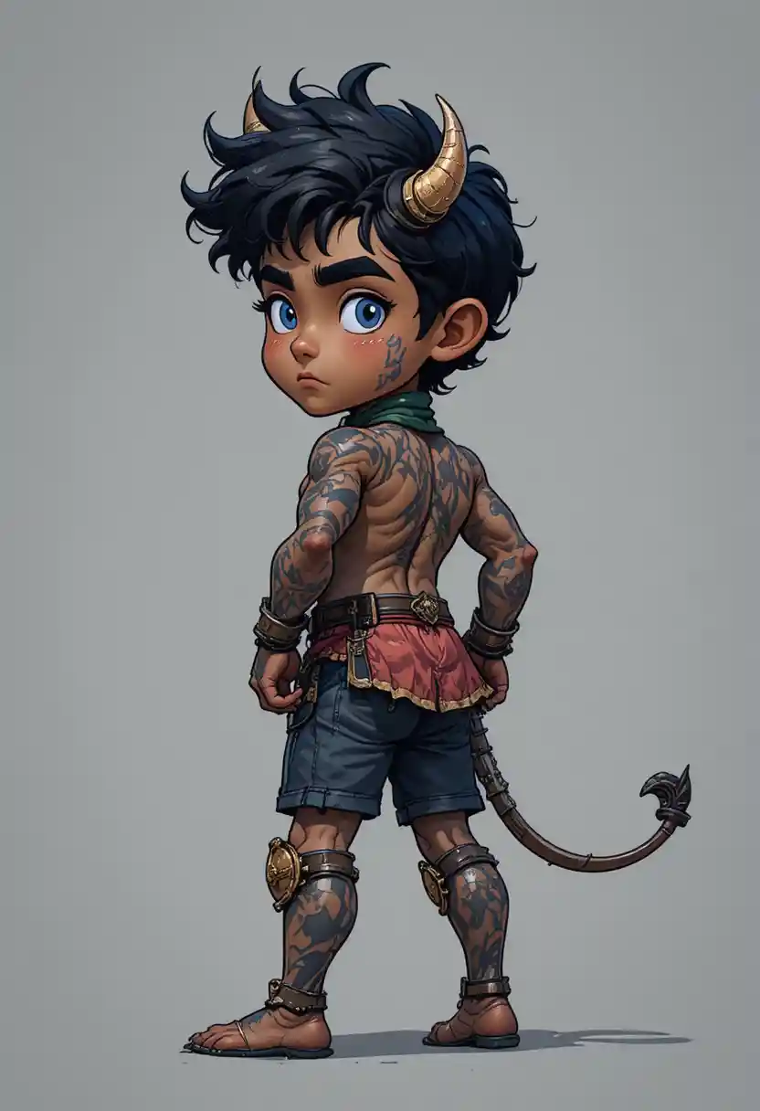 Playful black haired boy posing like a bull
