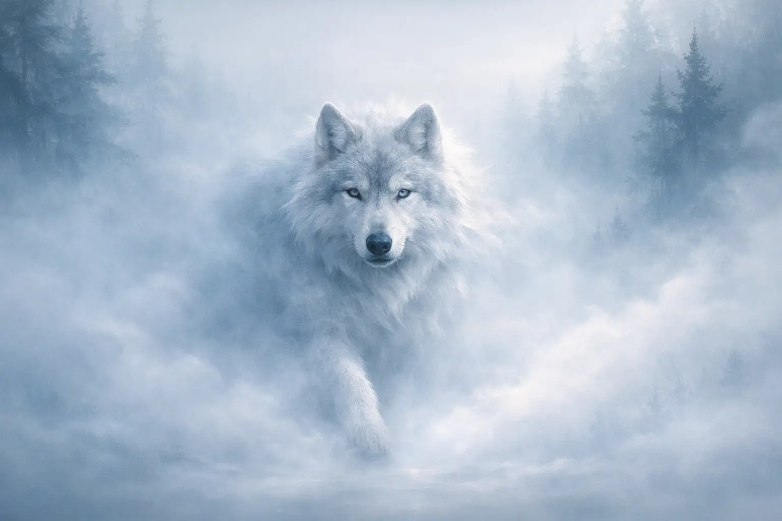 Silver wolf emerging from mist in dreamlike forest