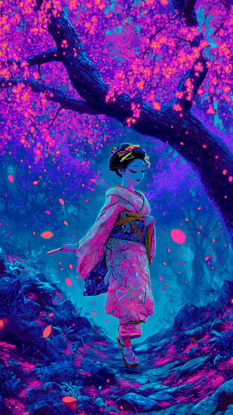 Neon geisha walking under glowing cherry blossoms at night