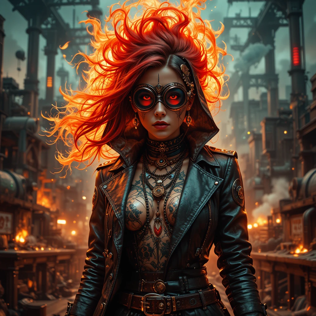 Regina fuorilegge steampunk dai capelli fiammeggianti in città fumosa