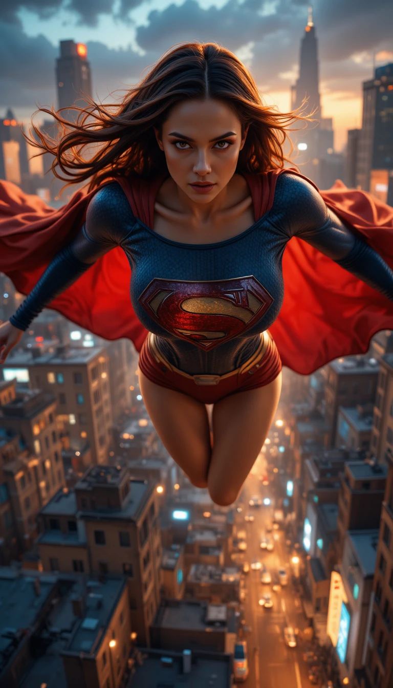 Super heroine soaring above a vibrant city at dusk