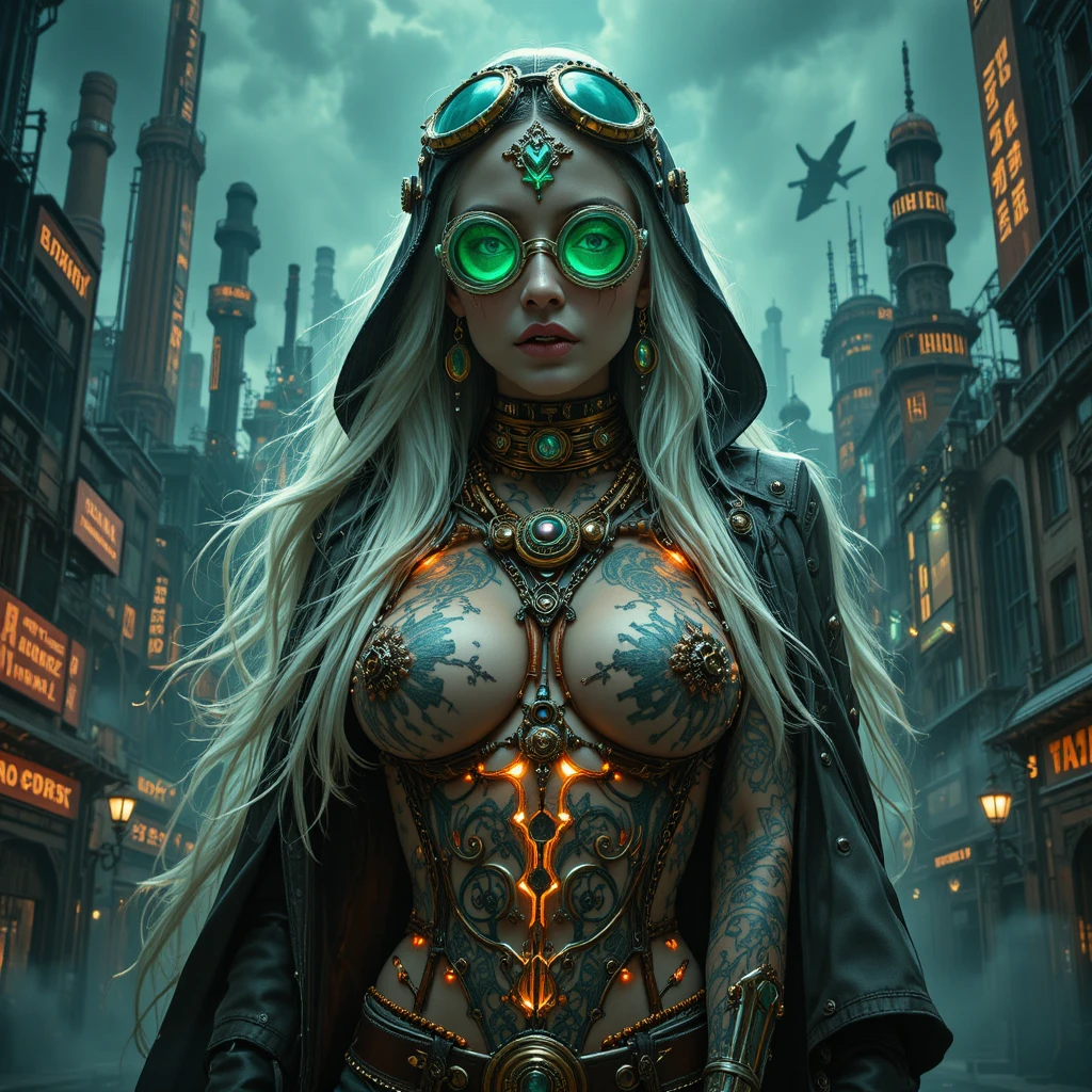 Steampunk-Noir-Kaiserin mit leuchtend weißen Haaren und Tattoos