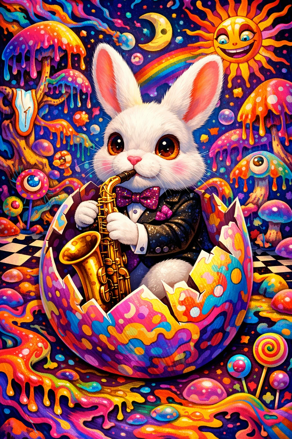 Dapper white rabbit in cracked easter egg with saxophone