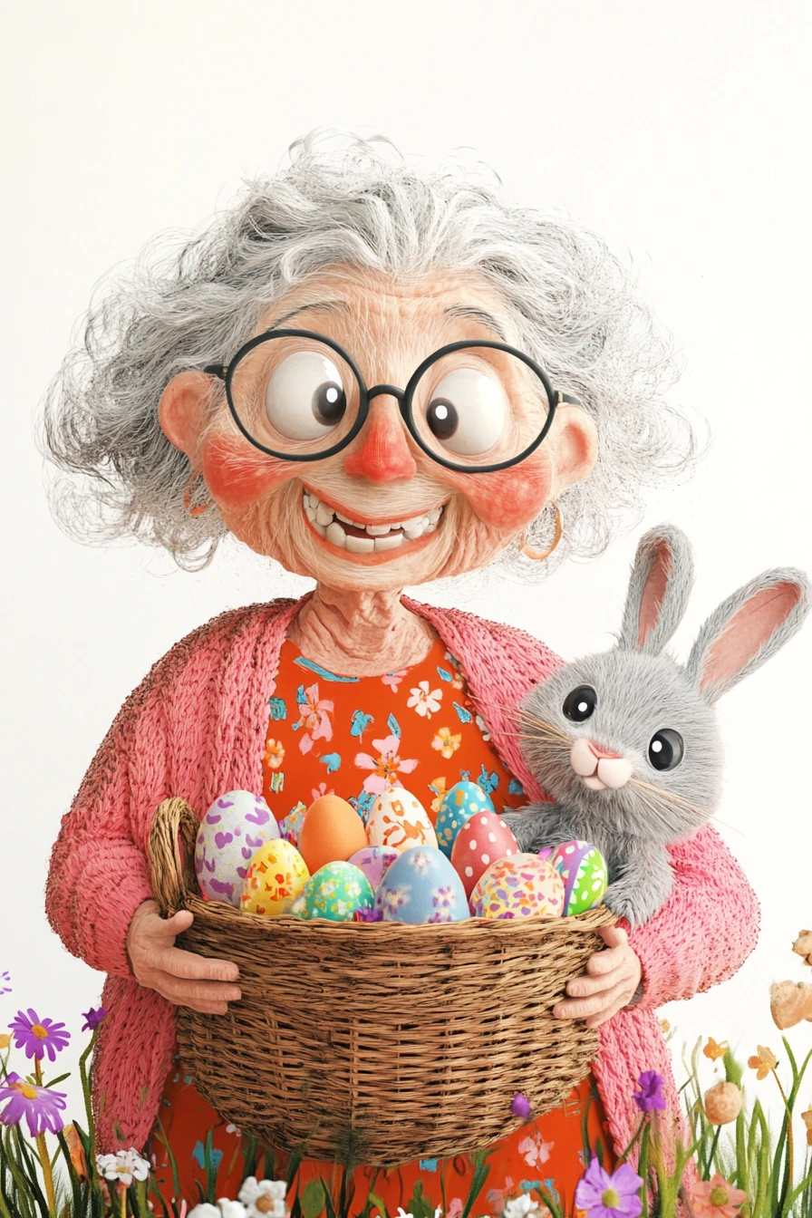 토끼와 부활절 바구니를 든 즐거운 노부인 일러스트