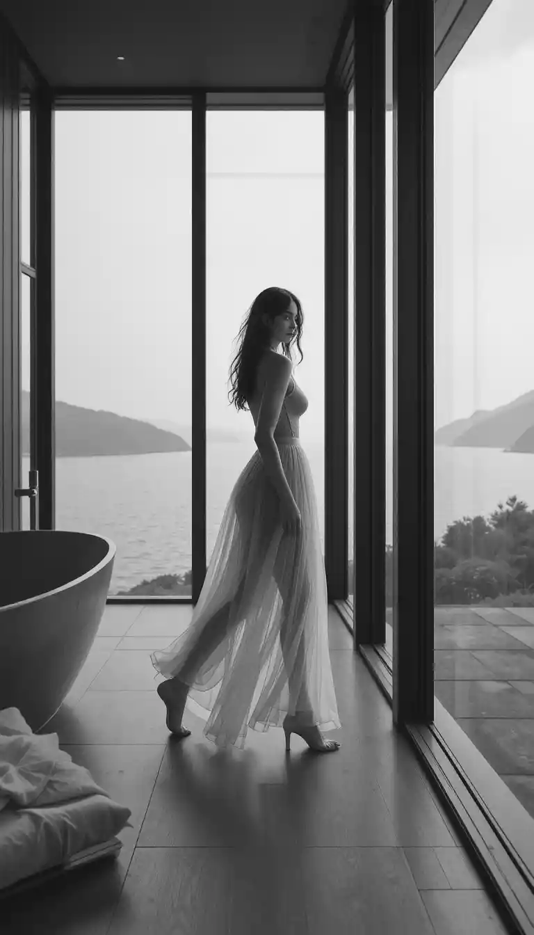 Mujer de perfil junto al vidrio de un baño costero en suave monocromo