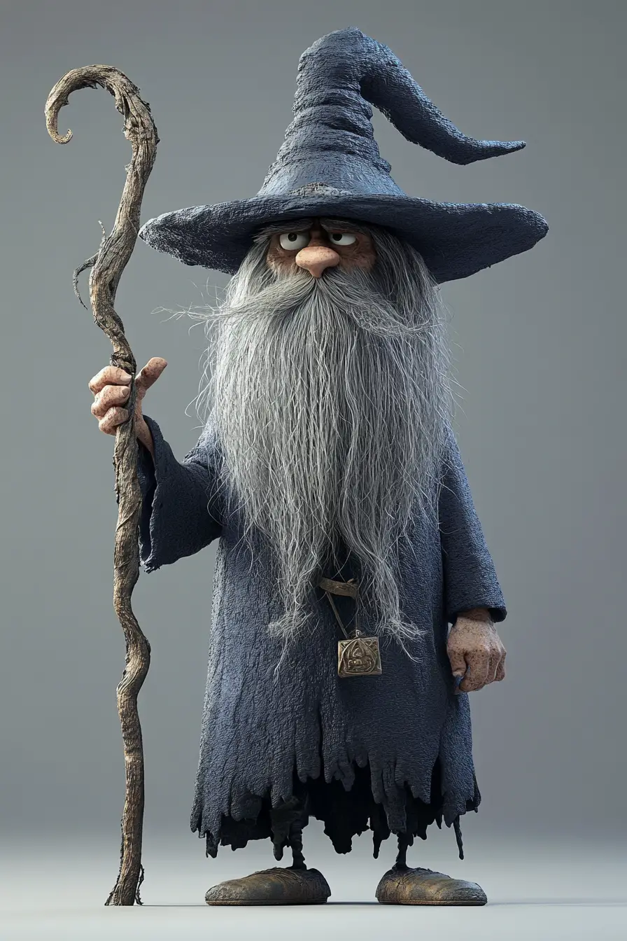 Tall goofy wizard with staff in 3d render style