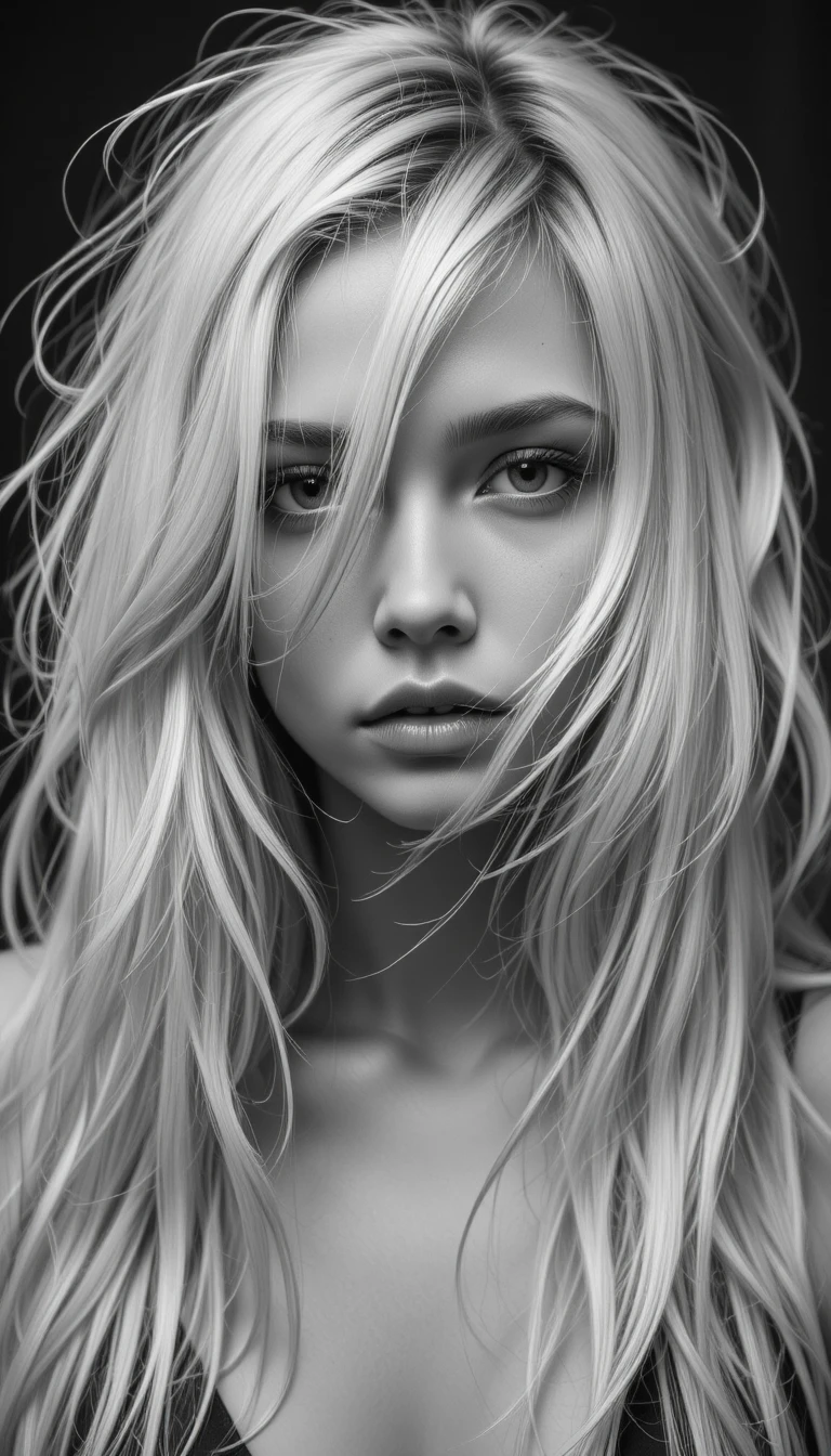 Mysterious blonde girl close up in black and white