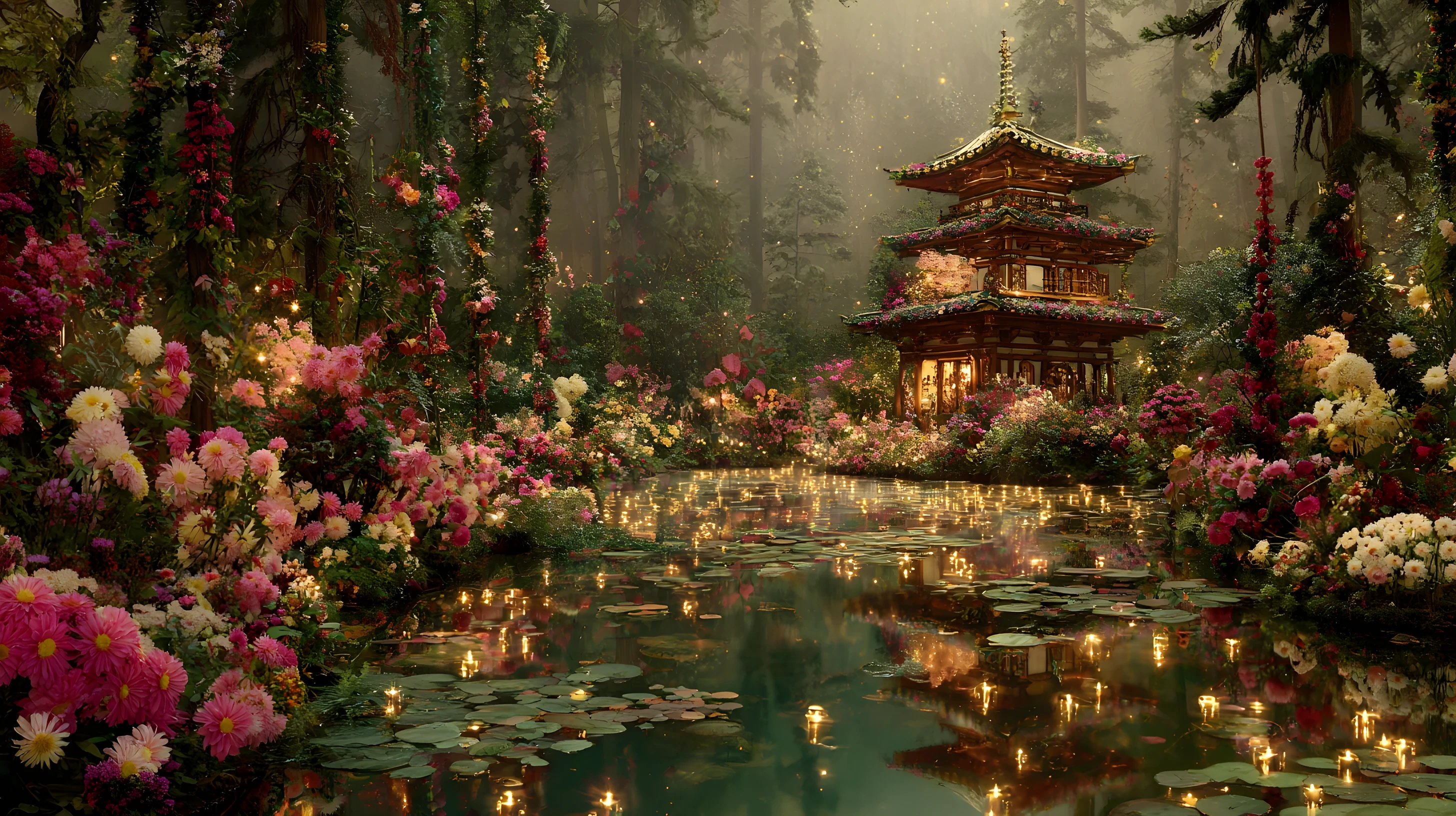 Woman gazing upward in a candlelit fantasy forest