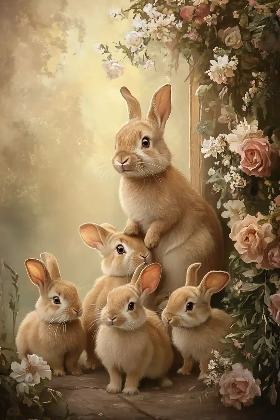 Five baby rabbits under a floral arch in soft light