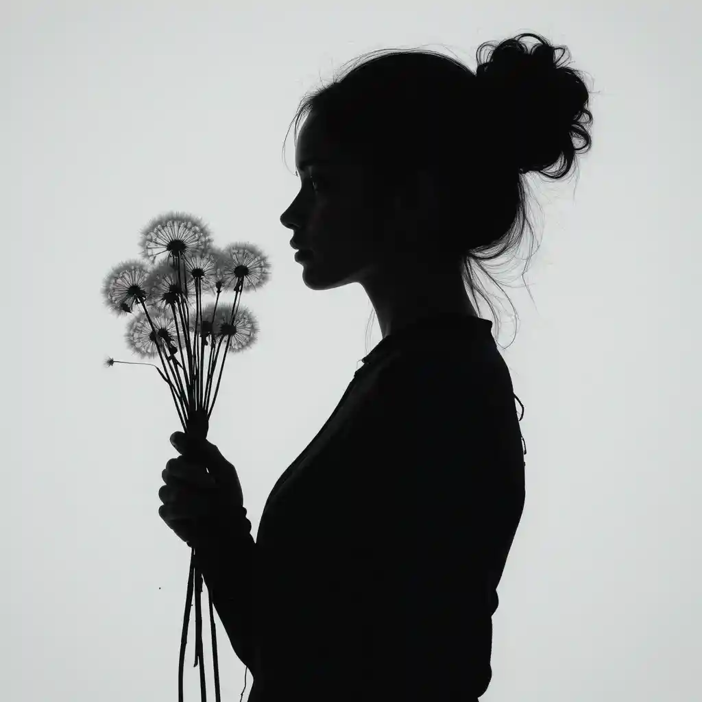 Silhouetted woman holding dandelions against bright white background