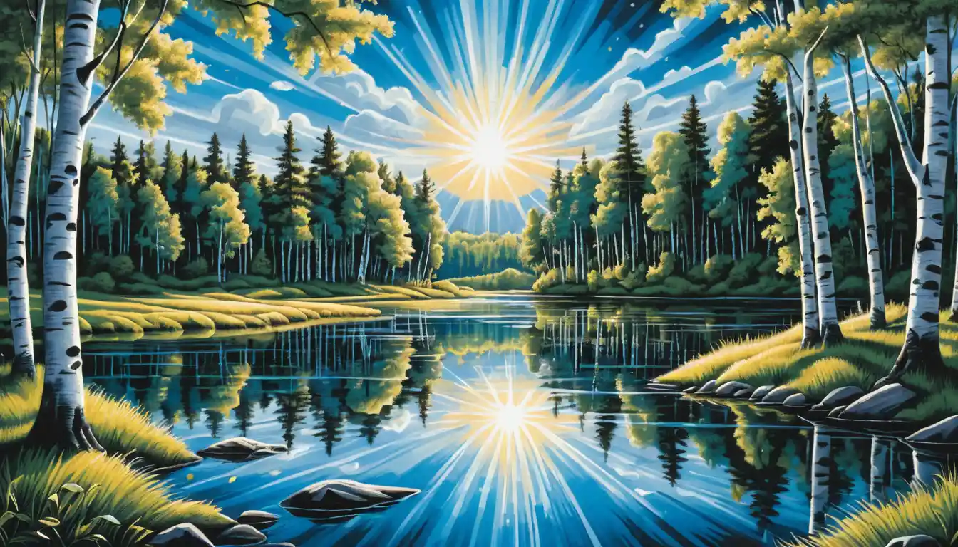 Summer birch forest with sunbeams over a small lake
