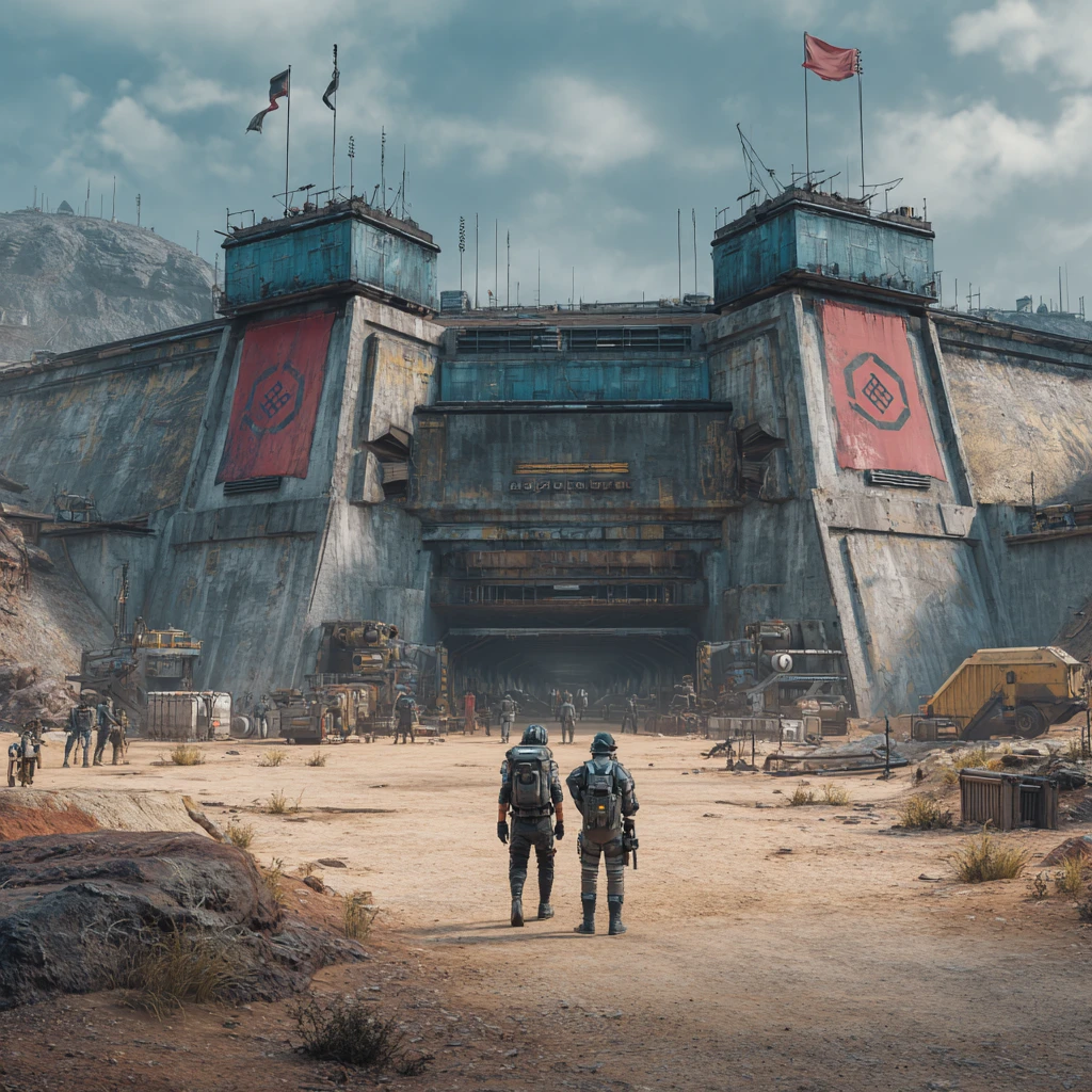 Futuristic dark architectural outpost in a distant landscape