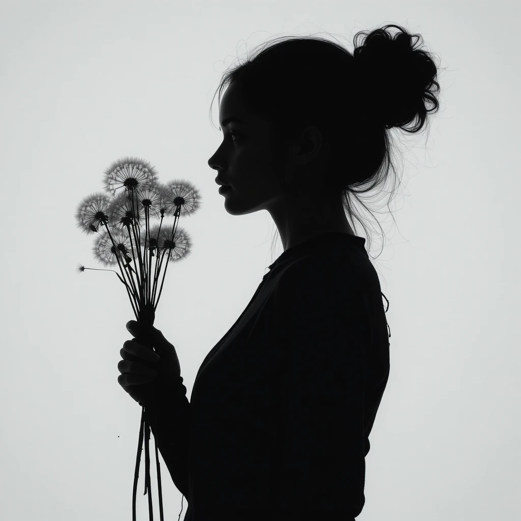 Silhouetted woman holding dandelions against bright white background