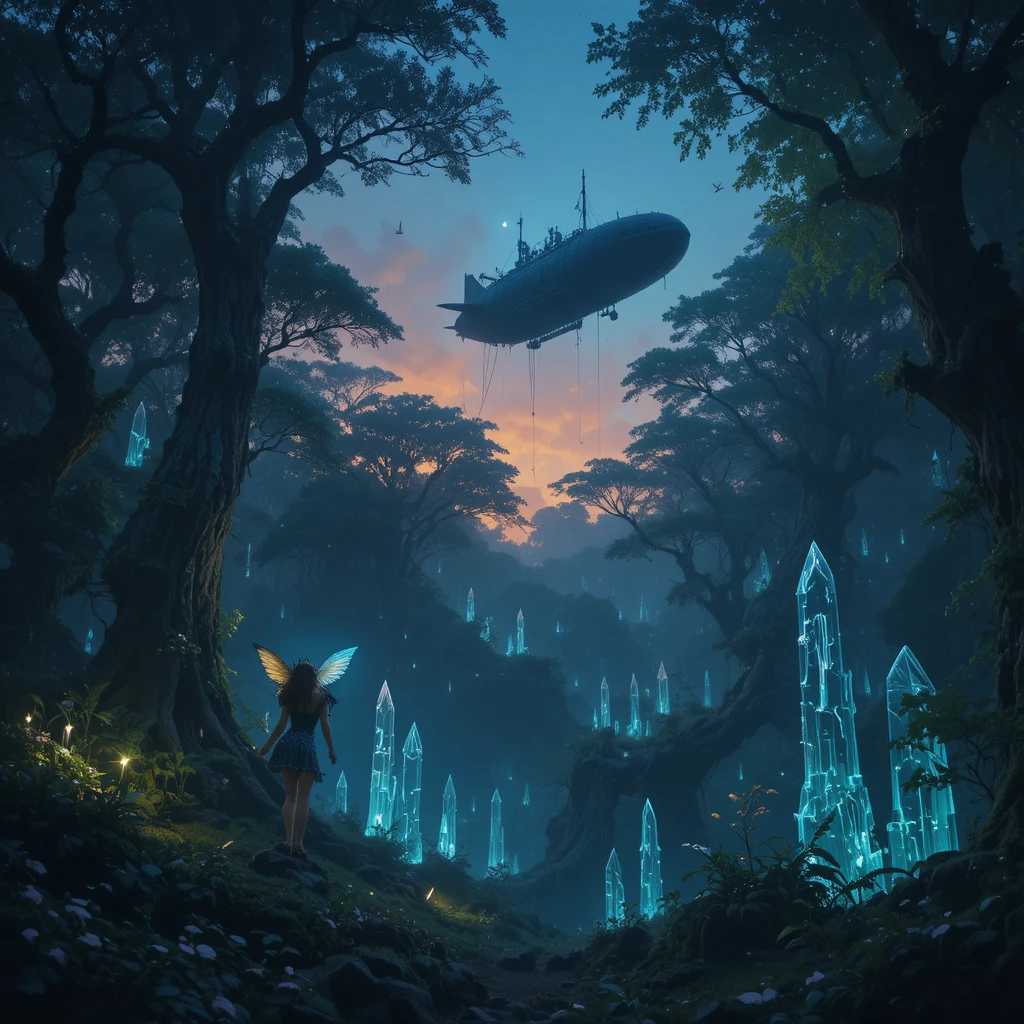 Steampunk-Luftschiff über einem leuchtenden alten Fantasy-Wald