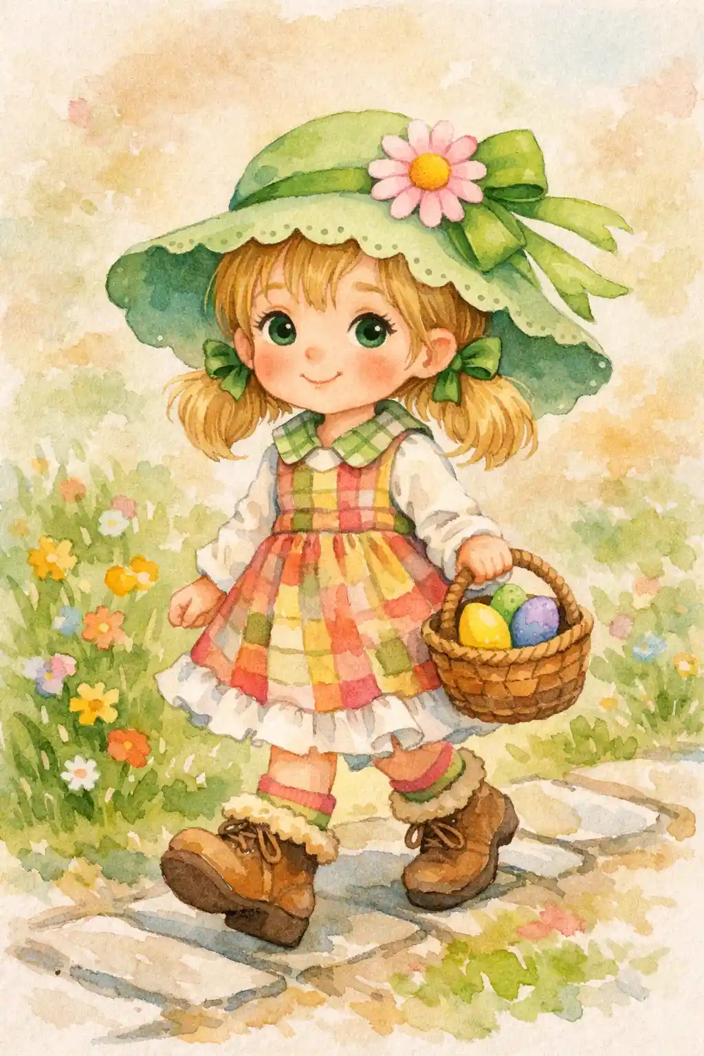 Watercolor girl walking with an Easter egg basket