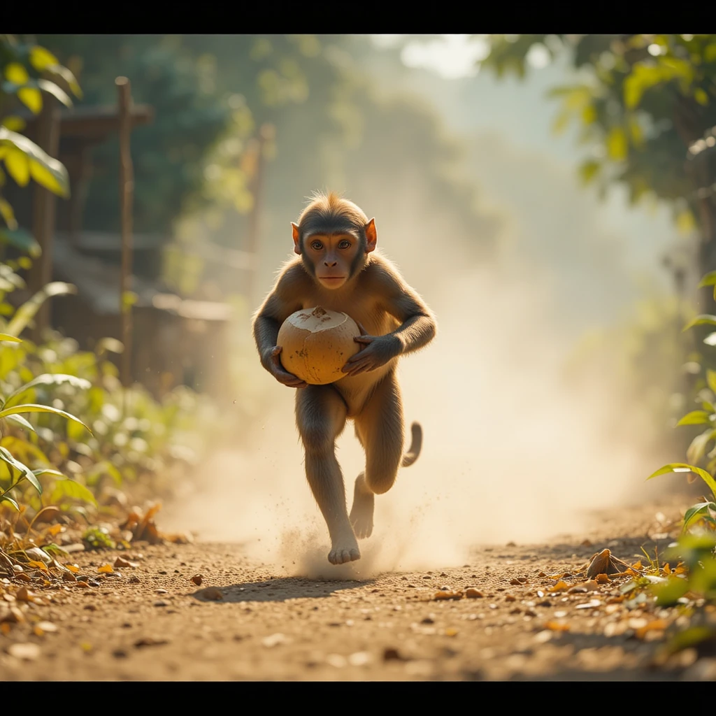 猴子抱著椰子在滿是灰塵的鄉間小路上奔跑
