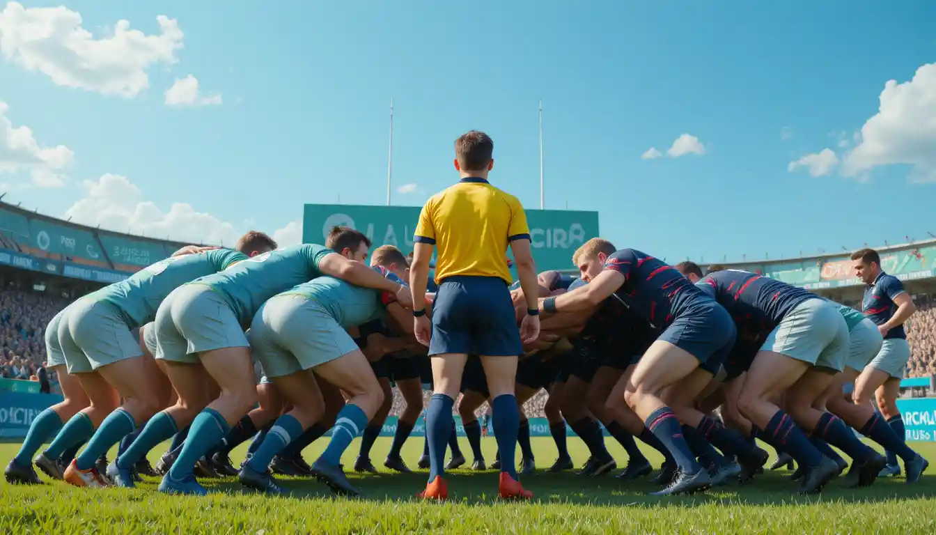 Rugbyspieler im Gedränge auf einem sonnigen Spielfeld