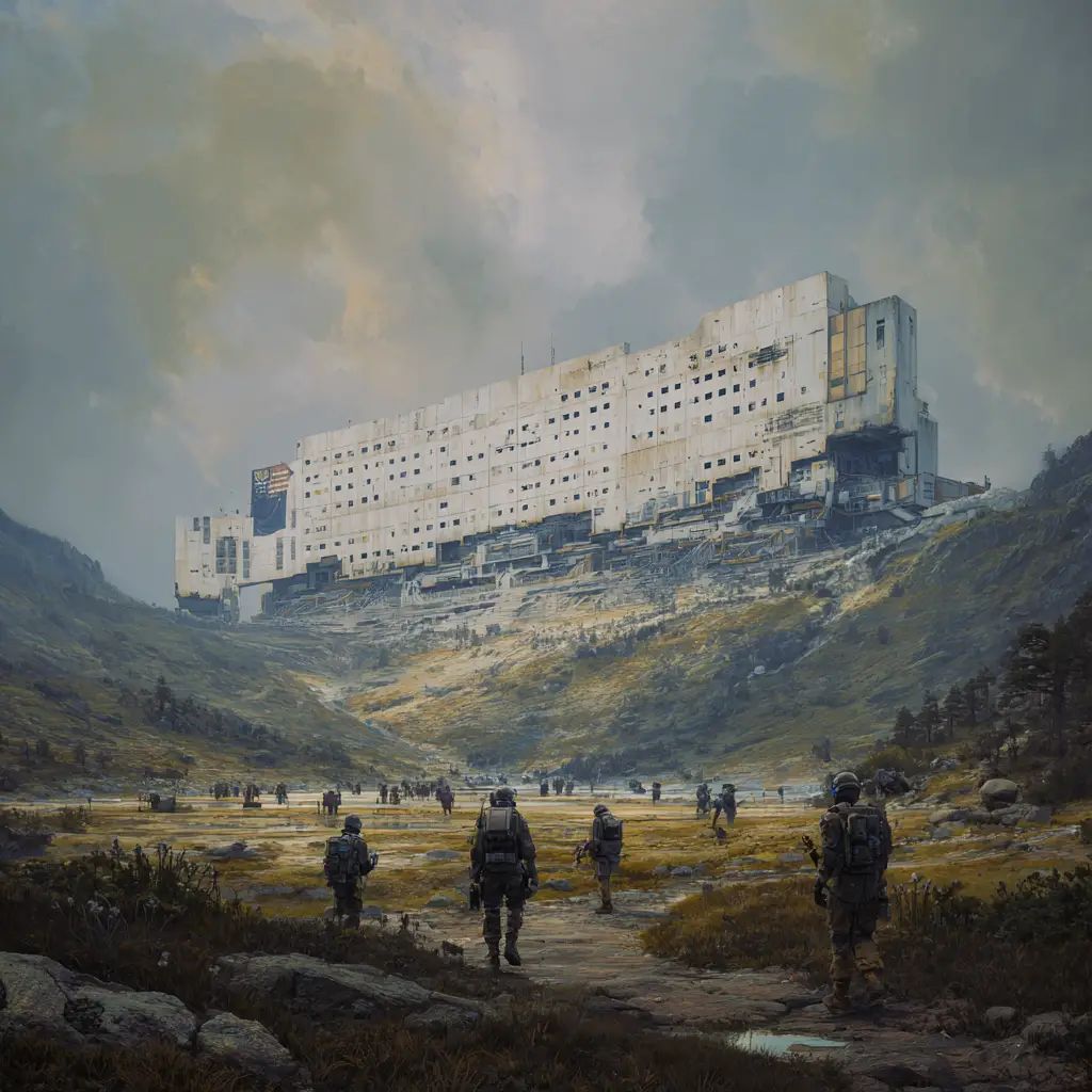 Futuristic square of dark architecture in a post apocalyptic city