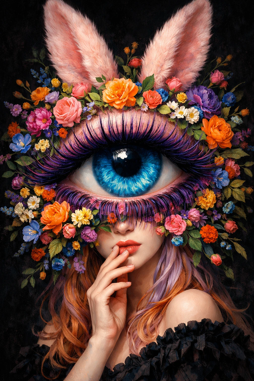 Surreal floral portrait with giant blue eye and rabbit ears