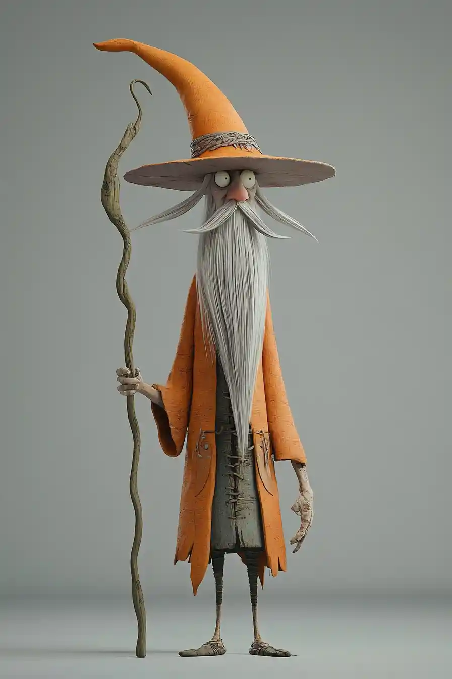 Buffo mago alto con lunga barba in rendering 3D
