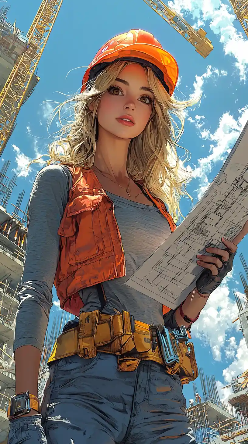 Anime woman engineer at bright urban construction site