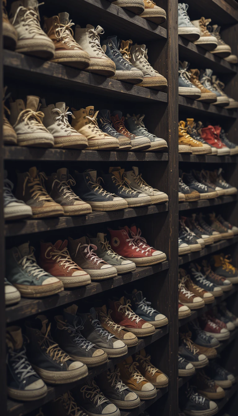 Close up of vintage canvas sneakers on wooden shelves