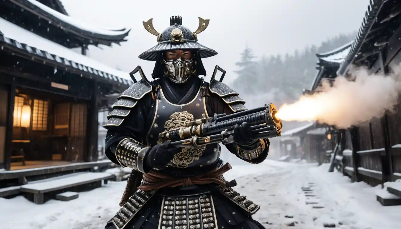 Samurai warrior firing minigun in snowy village blizzard