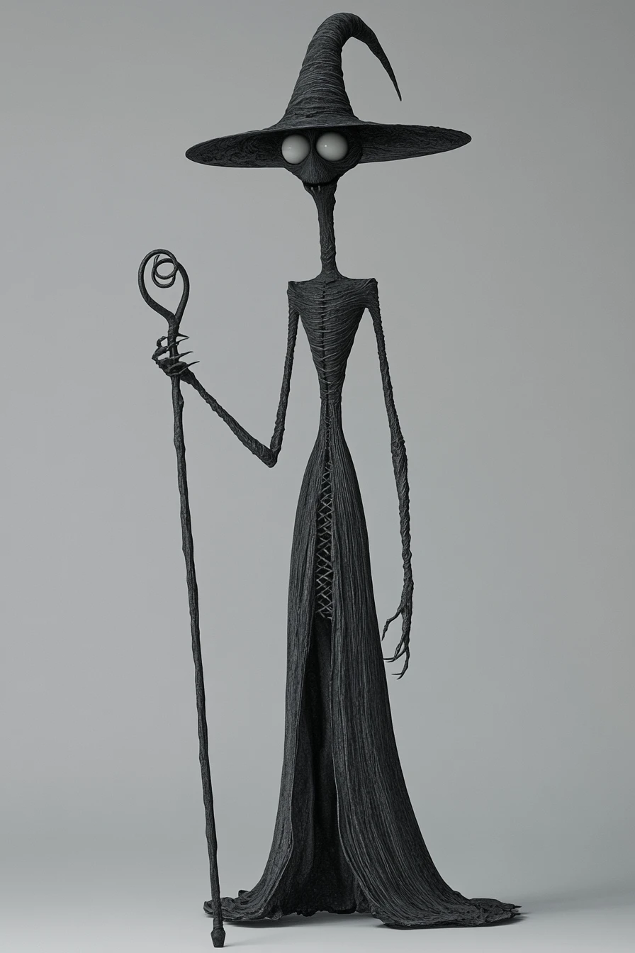 Tall goofy witch in 3d render on gray background