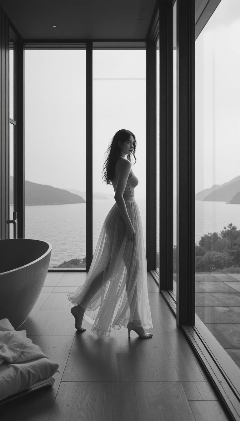 Mujer de perfil junto al vidrio de un baño costero en suave monocromo