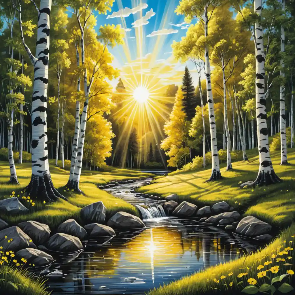 Summer river forest with bridge in stylized pencil art