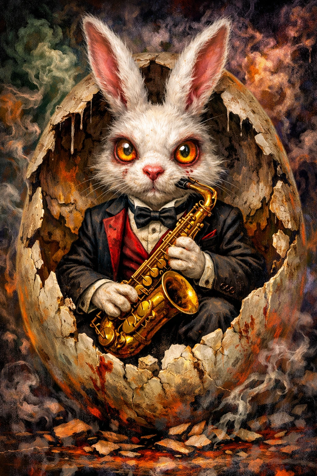 Conejo surrealista en un huevo roto con saxofón