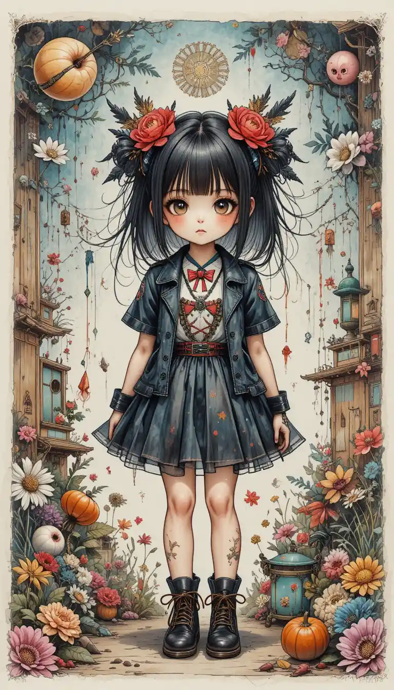 Watercolor girl in surreal punk fantasy with asian motifs