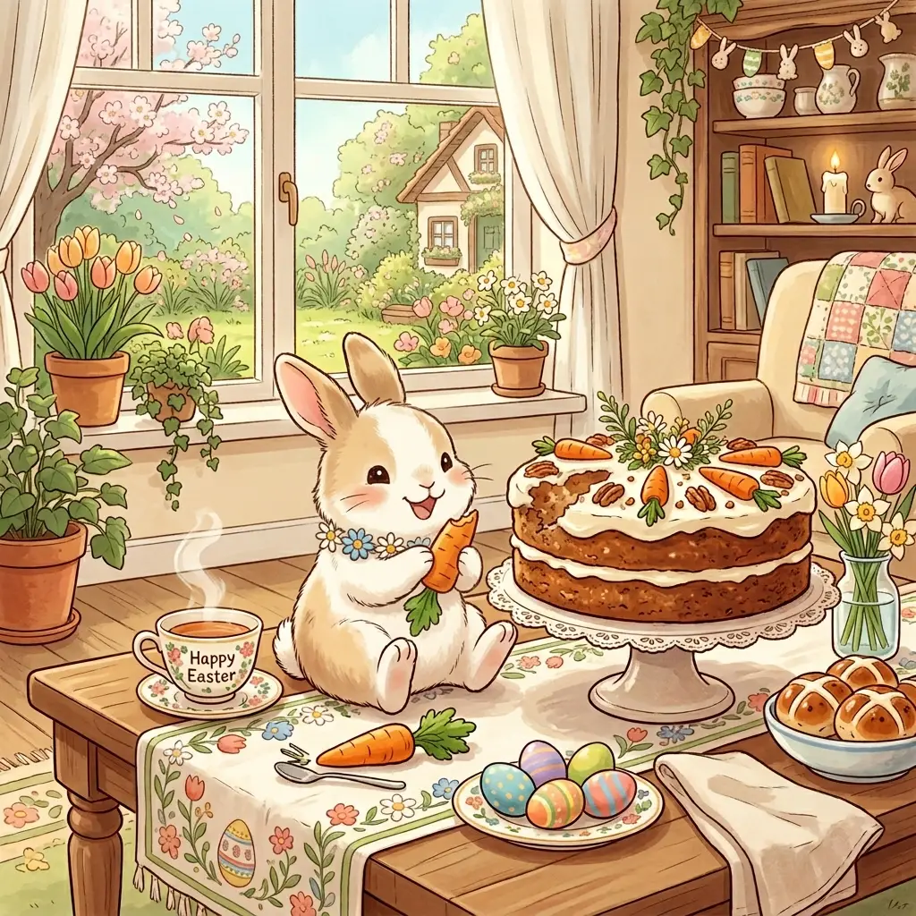 Cute easter rabbit stealing carrot from festive cake