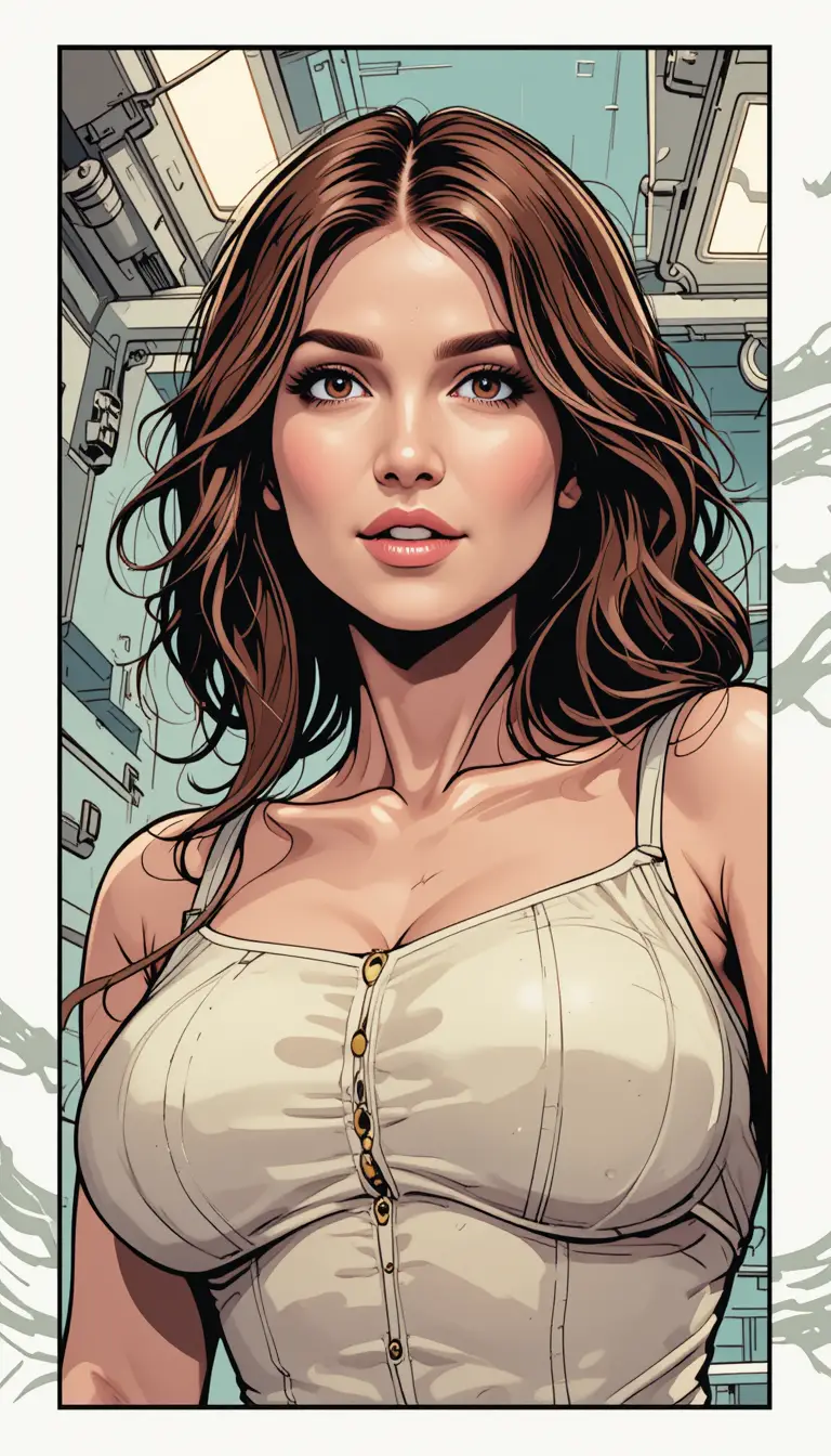 Young woman seen from below inside a spaceship corridor