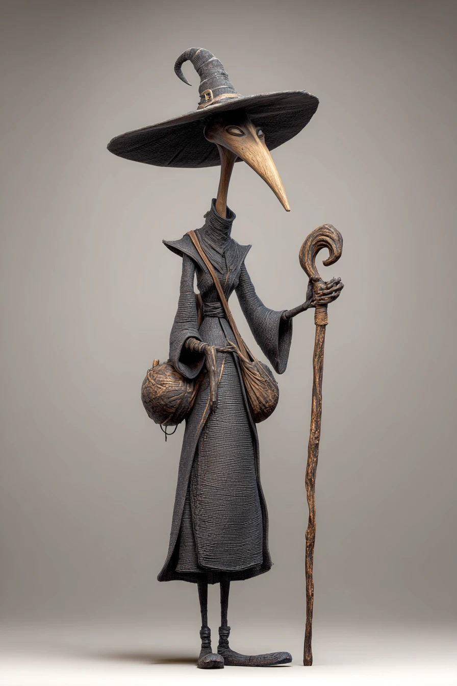 Goofy tall witch with staff in stylized 3D render
