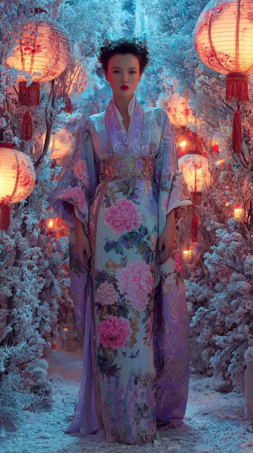 Elegante donna in kimono tra ciliegi ghiacciati nella notte