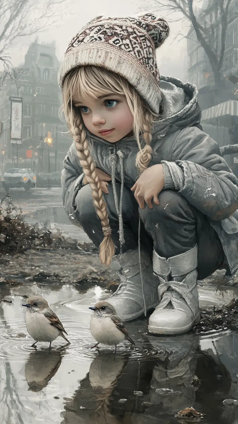 Young girl watching sparrows by a city puddle