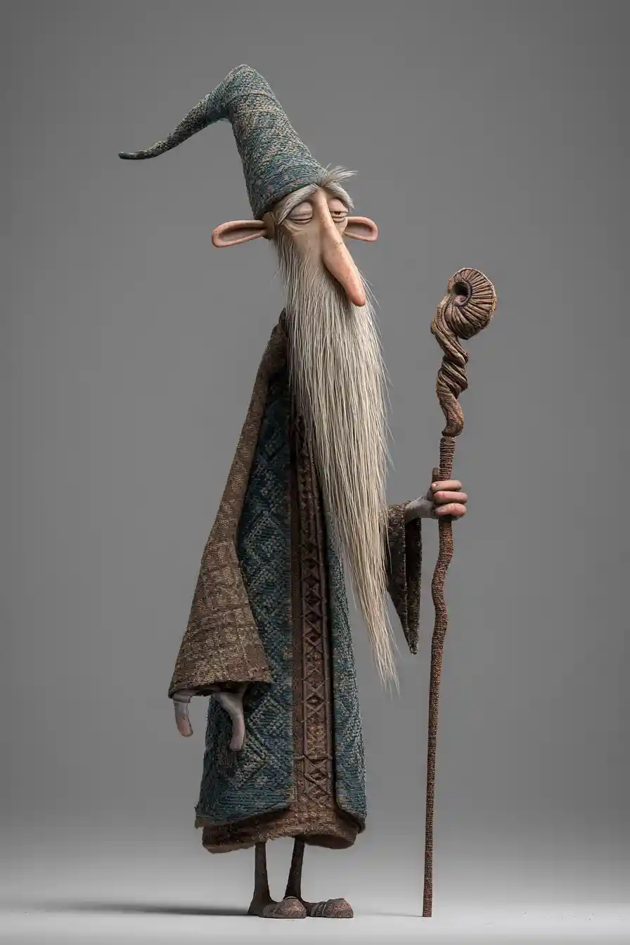 Goofy 3D wizard with long beard and staff on gray background