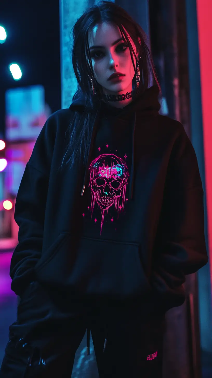 Streetwear model in black hoodie with neon skull design