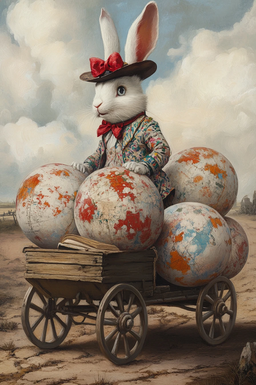 Whimsical rabbit pulling a cart of antique patterned spheres