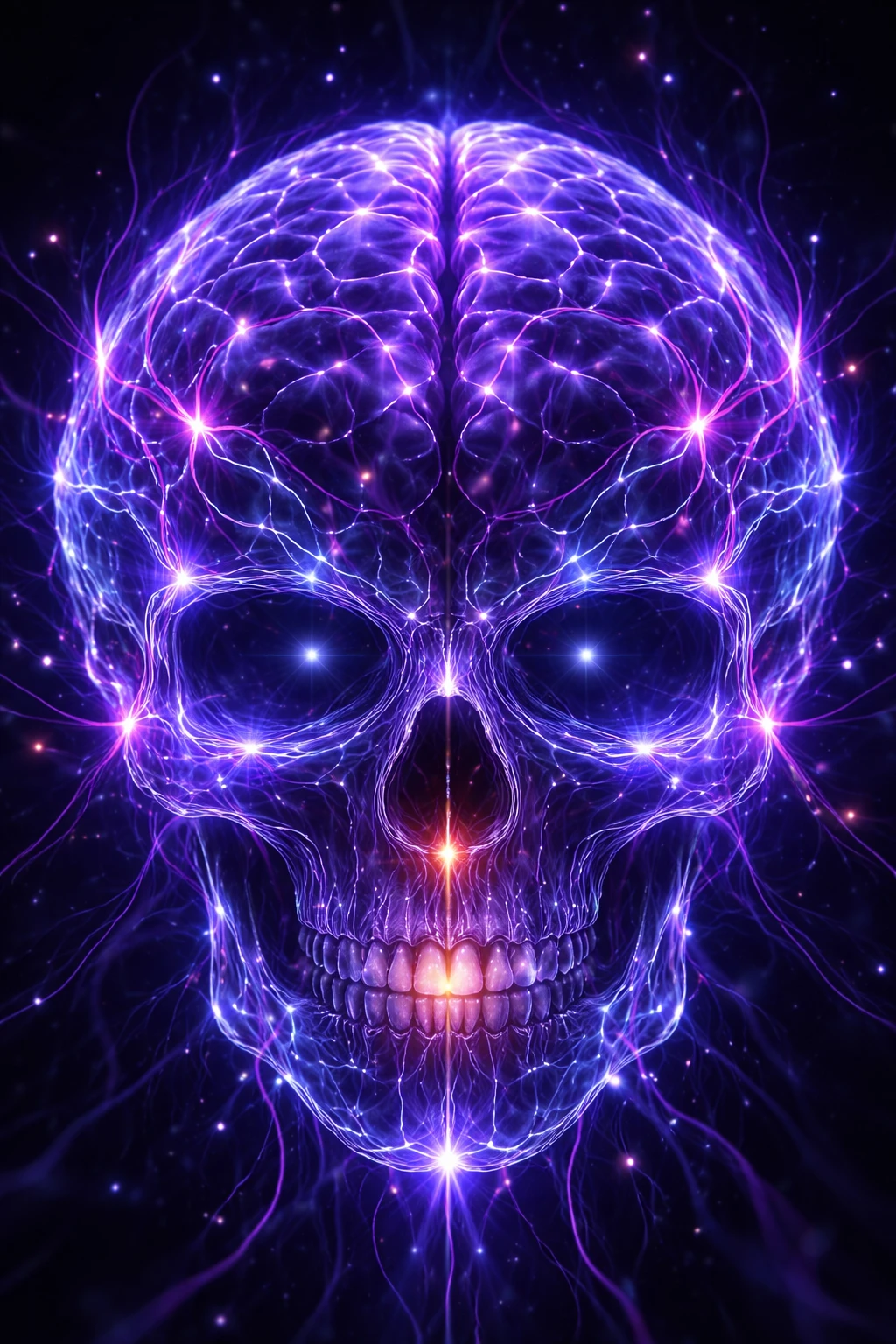 Surreal skull formed by neural pathways and glowing synapses