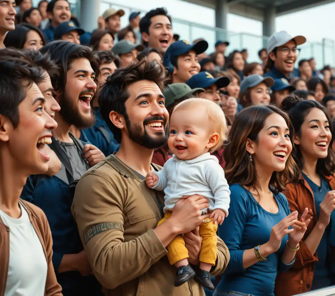 Joyful crowd watching an event with man holding baby