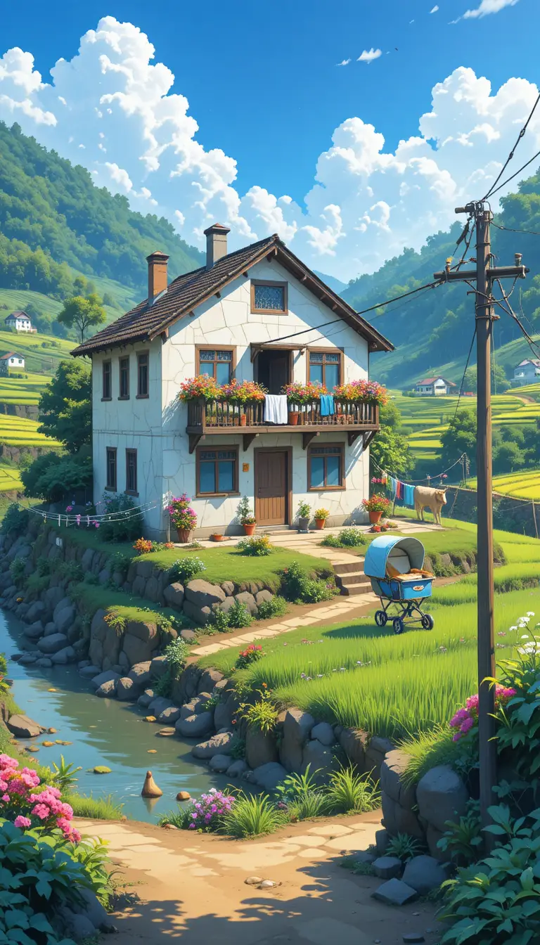Ländliches Haus über Reisfeldern an einem strahlend sonnigen Tag
