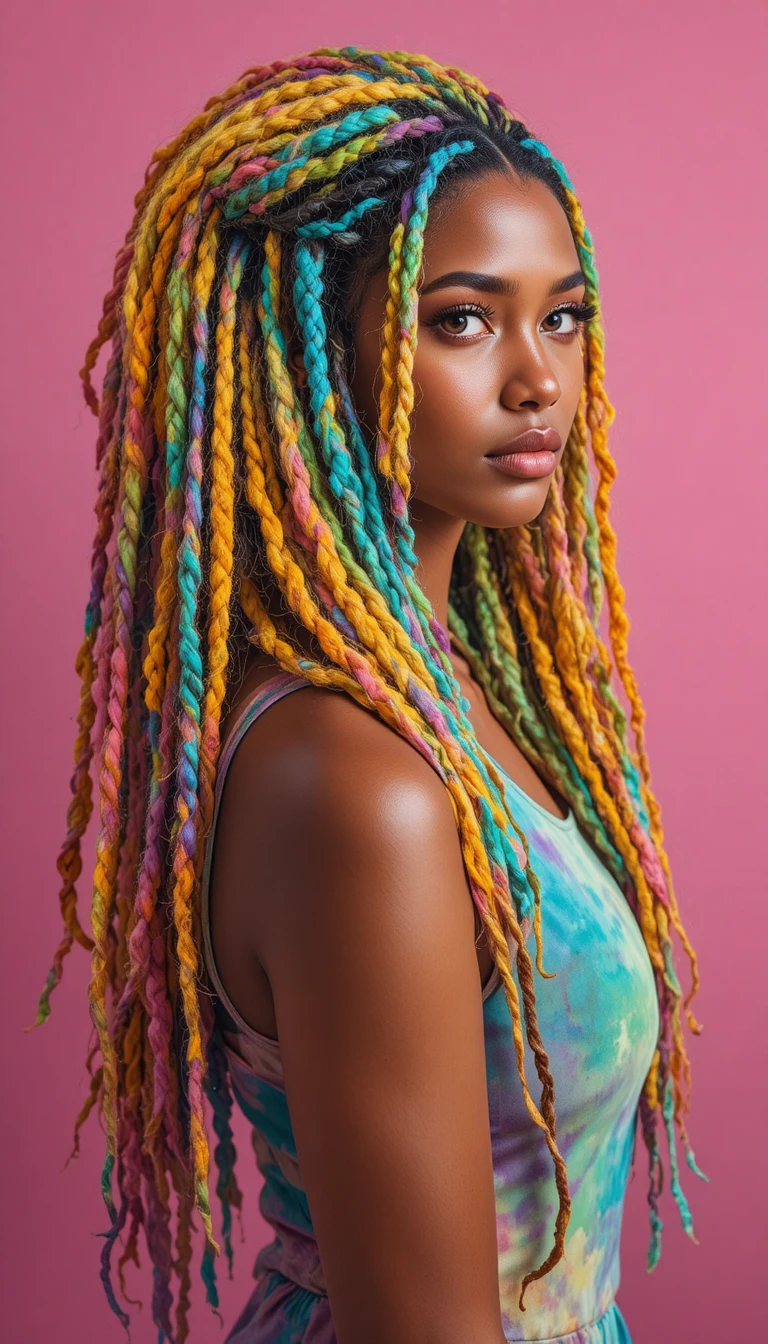 Retrato de garota com dreadlocks coloridos em fundo rosa suave