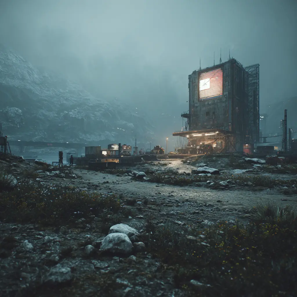 Dark futuristic square architecture in a distant apocalyptic outpost