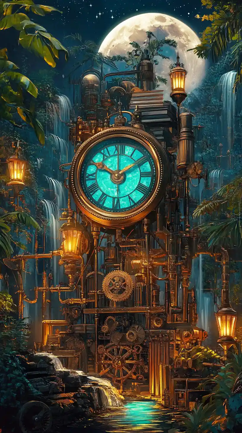 Steampunk clock glowing in a moonlit jungle at night