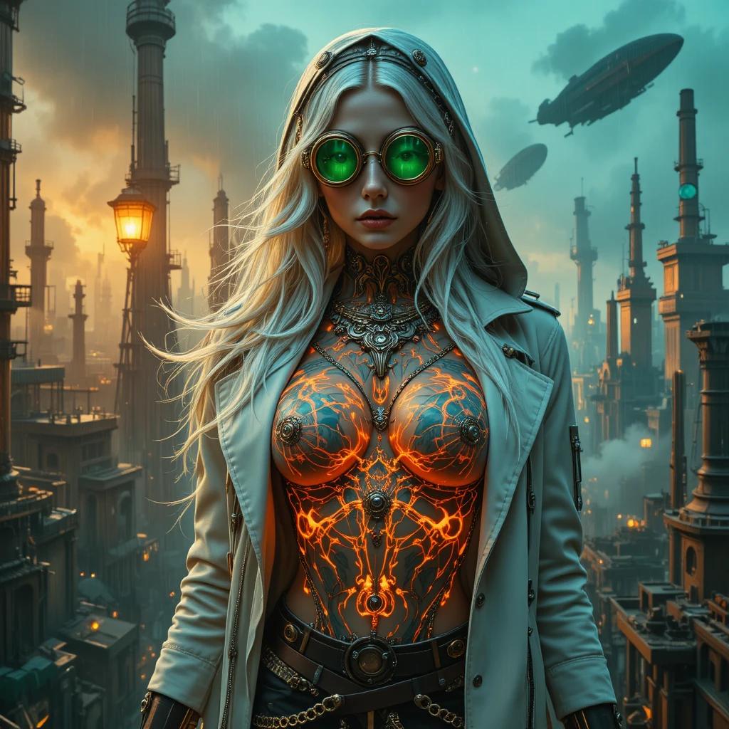 Emperatriz steampunk con tatuajes luminosos en ciudad lluviosa