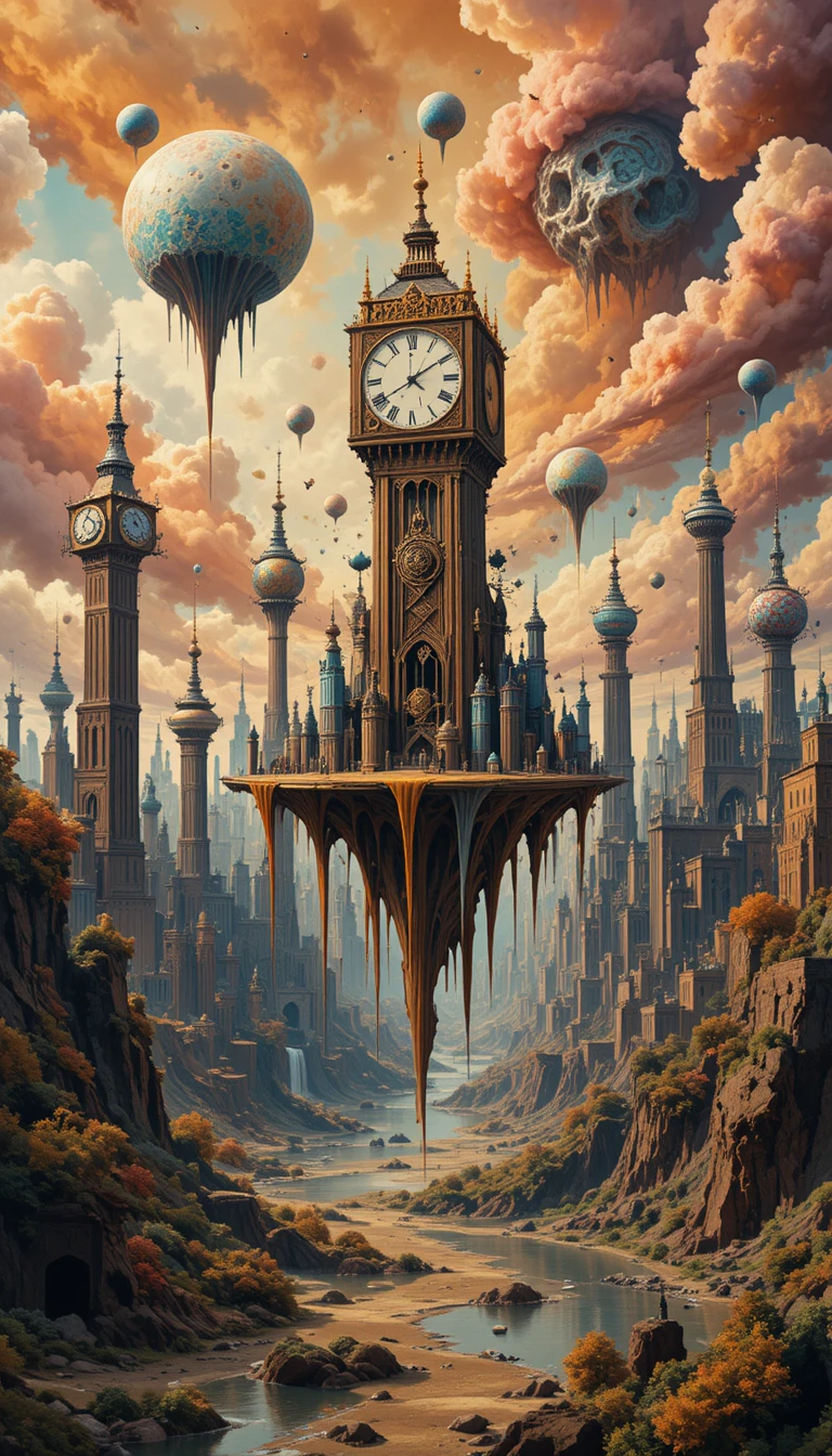 Torri d’orologio fuse si innalzano su uno skyline da sogno
