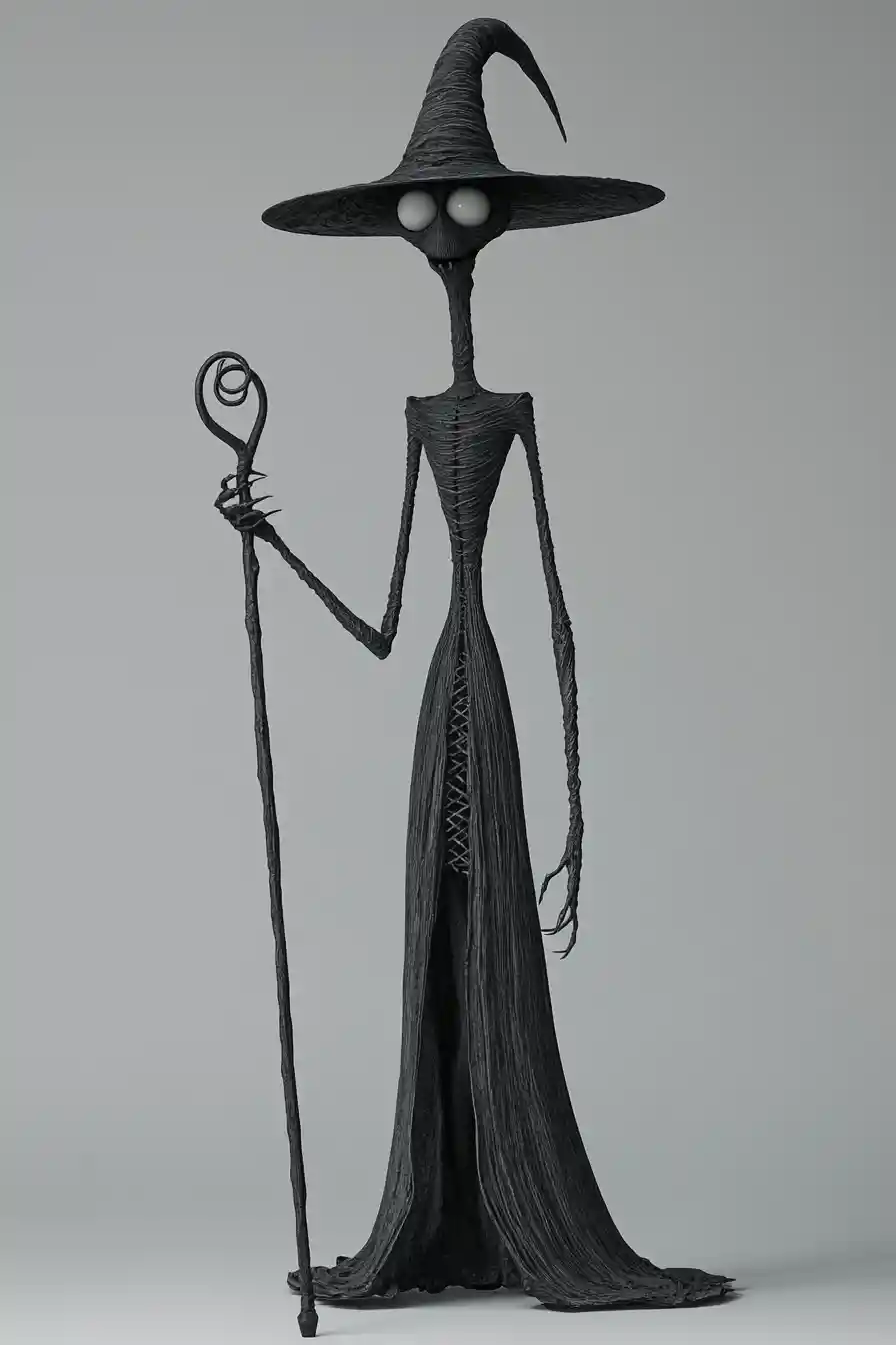 Tall goofy witch in 3d render on gray background
