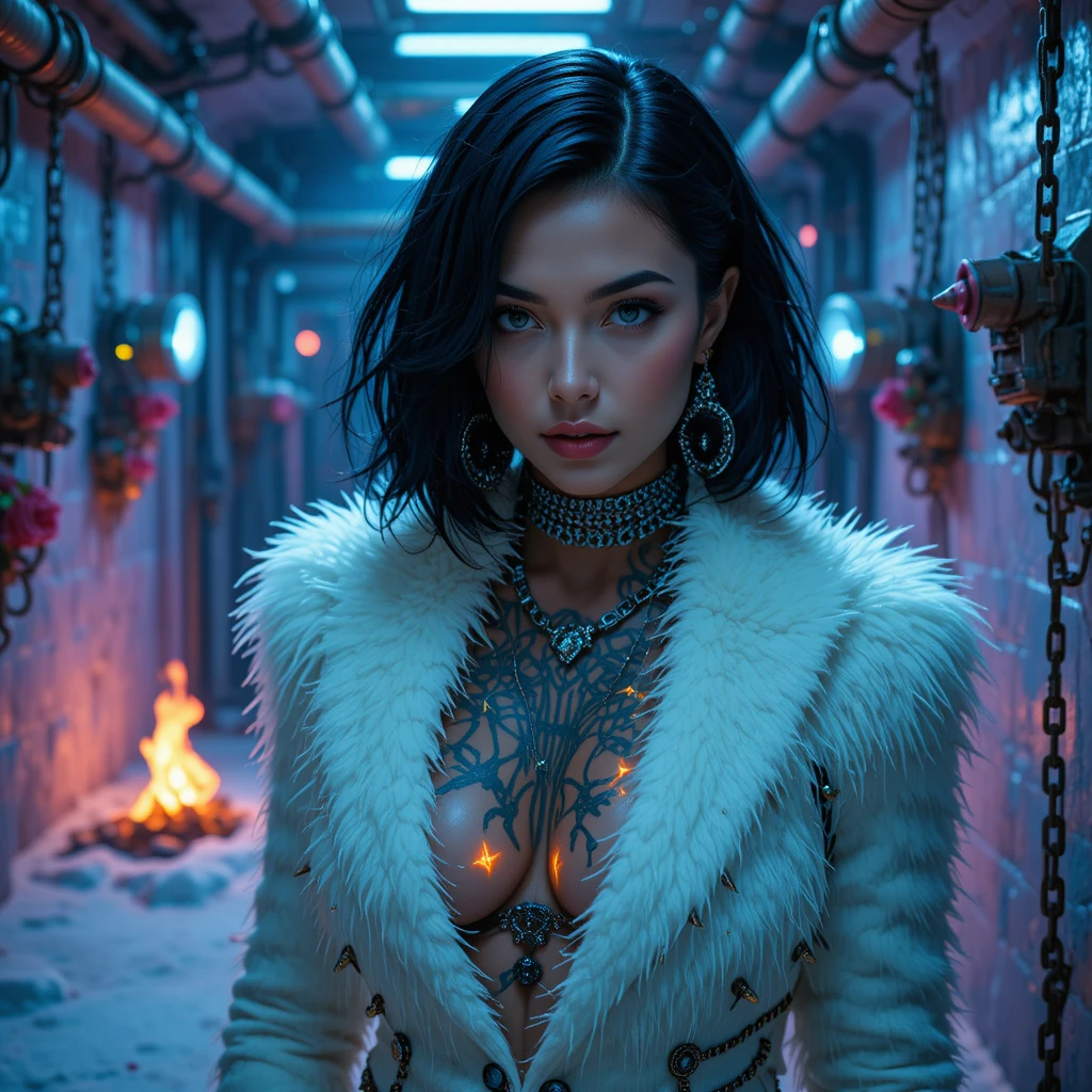 Femme fatale en celda helada con tatuajes luminosos